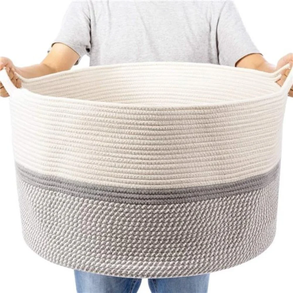 XXL Extra Large Cotton Rope Woven Basket, Throw Blanket Storage Basket w/ Handle